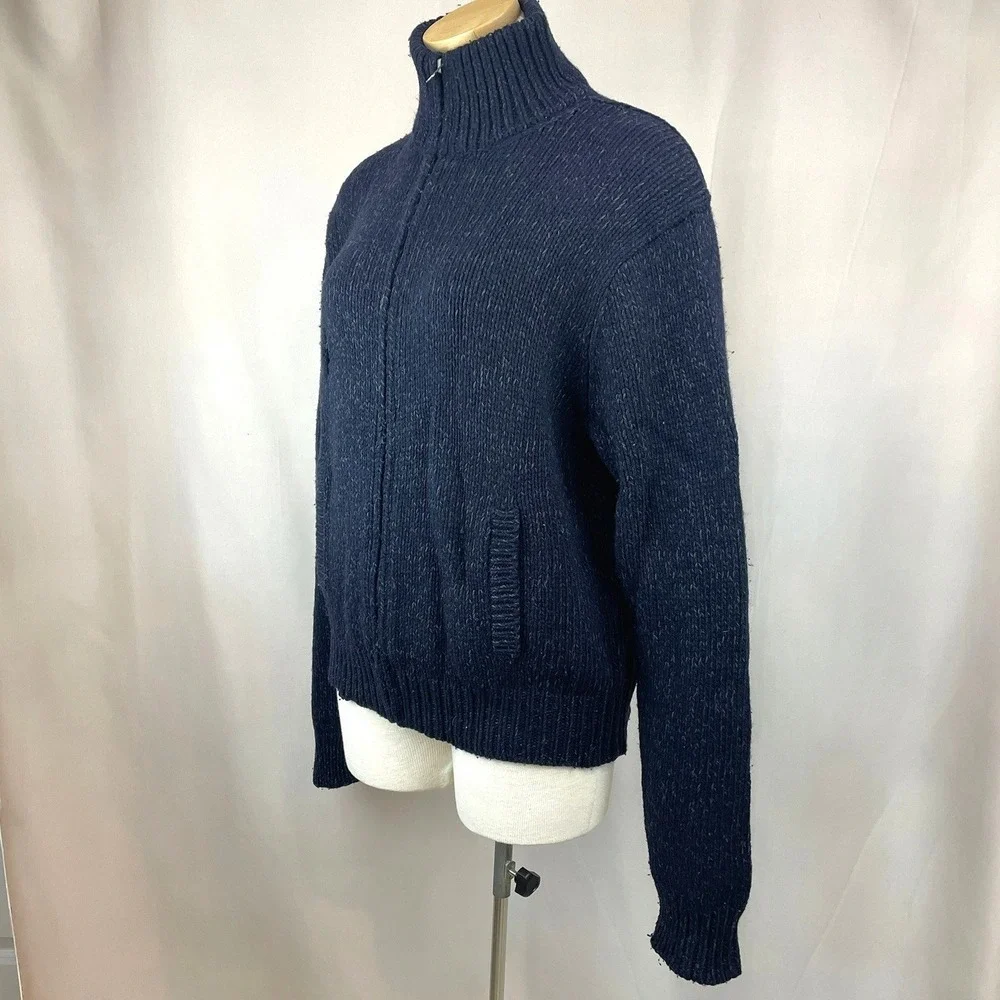 VTG 80s Mens (L) POLO Cardigan Sweater Blue Zip Pockets Grandpa Indie Distressed
